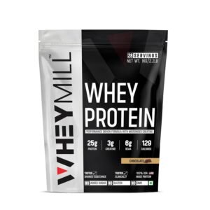 WHEYMILL 100% Whey Protein | 25g Protein, 3g Creatine, 6g BCAA | Easy Mixing, Low Carbs Whey Protein Supplement Powder for Men, Women & Athletes (1 Kg/2.2lb | 28 Servings | Chocolate)