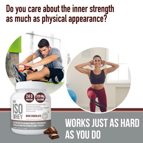 Bon ISO Whey 100% Protein Isolate, Irish Chocolate (Pack of 2) | 2 kg, 66 Servings | Muscle Strength and Bone Health | 24g Protein, 329mg Calcium, 5.5g BCAA, Essential Vitamins, Minerals(Unisex) - Image 2