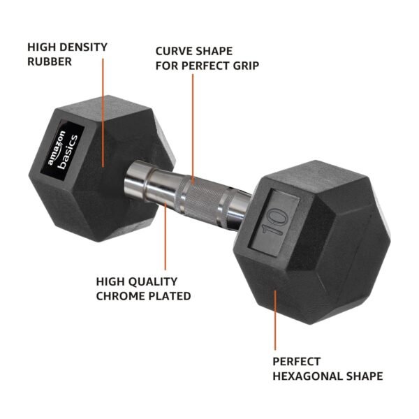 Amazon Basics Rubber Encased Hex Dumbbell Weight Set of 2, 2 X 10 Kg, 20 Kgs - Image 3