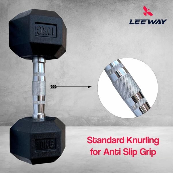LEEWAY Hex Dumbbells Weights Pack (2.5 kg*2)| Dumbbells set for home gym, Gym dumbbell set, Rubber Encased Hex Fixed Dumbbell Weight, Dumbells2.5kg pair for women, Dumbbell sets online Hexa, Rubber dumbbell set Home Gym Equipment (2.5Kg Pair) - Image 5