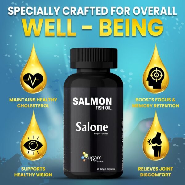 Sugam Pharma (Omega 3 1500mg) Salone Salmon Omega 3 Fish Oil Capsules: Triple Strength- Omega 3 1500mg with EPA 540mg and DHA 360mg - Vital for Heart, Brain, Skin and Joint Health. - Image 5