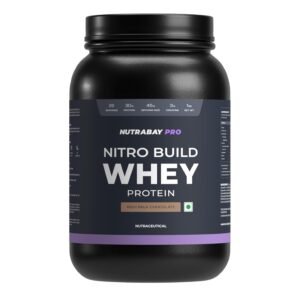 Nutrabay Pro Nitro Build Whey Protein Powder – 1kg, Milk Chocolate | 30g Protein, 3g Creatine, 6.6g BCAA | Easy to Digest | NABL Lab Tested | Muscle Growth & Recovery | Gym Supplement for Men & Women