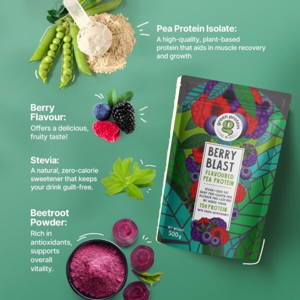 GREEN PROTEIN Pea Protein Isolate Powder, Vegan Plant Protein, No Added Sugar, 100% Vegan, Soy Free, Dairy Free, Gluten Free, Allergen Free, Berry Blast Flavor, 15g Protein Per Serving, Pouch (500g) - Image 3