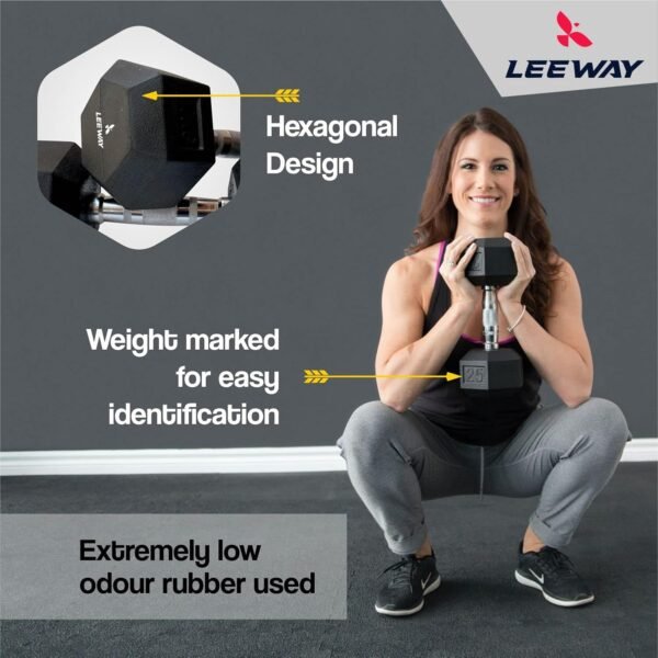 LEEWAY Hex Dumbbells Weights Pack (2.5 kg*2)| Dumbbells set for home gym, Gym dumbbell set, Rubber Encased Hex Fixed Dumbbell Weight, Dumbells2.5kg pair for women, Dumbbell sets online Hexa, Rubber dumbbell set Home Gym Equipment (2.5Kg Pair) - Image 3