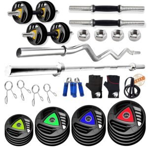 BULLAR Professional Adjustable Rubber Coated 10kg to 50kg Home Gym Set with 4ft Straight, EZ Curl Rod, Metal Rubber Weight Plates (28mm Hole) (30KG HOME GYM SET)