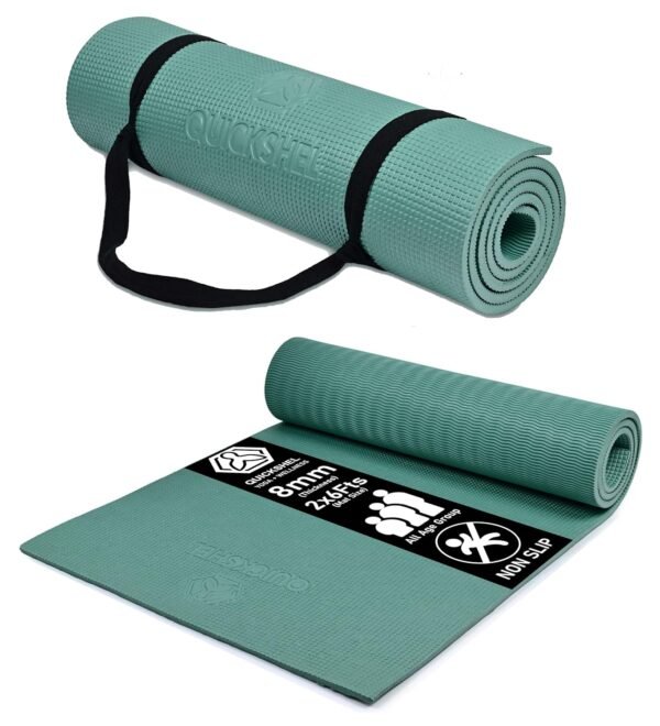 Quick Shel Extra Thick 8mm Thickness Yoga mats Exercise Mat Anti-Skid Water/Dirt Proof Lightweight easy to Carry for home and gym workouts for men women children with Carry Strap (Army Green) (2fts x 6fts)