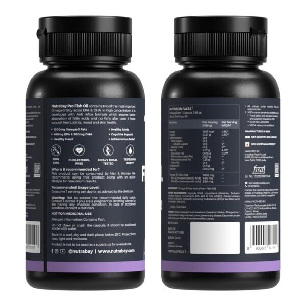 Nutrabay Pro Omega 3 Fish Oil (Triple Strength) - 460 mg EPA & 380 mg DHA for Healthy Brain, Heart, Eyes & Joints - 1000mg, 60 Capsules - Image 2