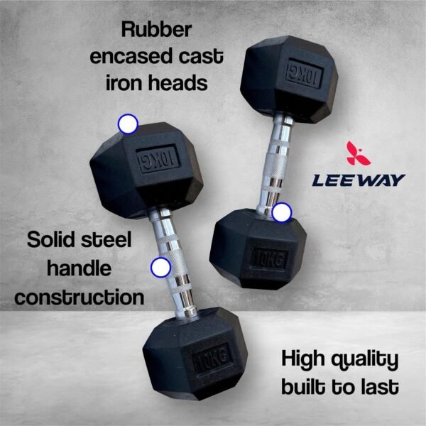 LEEWAY Hex Dumbbells Weights Pack (2.5 kg*2)| Dumbbells set for home gym, Gym dumbbell set, Rubber Encased Hex Fixed Dumbbell Weight, Dumbells2.5kg pair for women, Dumbbell sets online Hexa, Rubber dumbbell set Home Gym Equipment (2.5Kg Pair) - Image 4