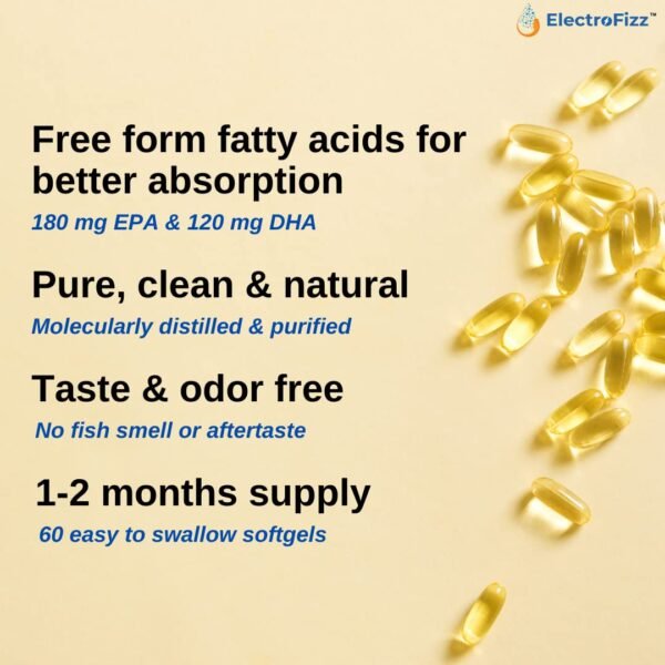ElectroFizz Omega 3 Fish Oil Capsules For Men And Women 1000 Mg (180 Mg EPA And 120 Mg DHA) with other Omega 3 Fatty Acids for Health Heart, Brain and Joint Support Supplements - 60 Softgels - Image 3