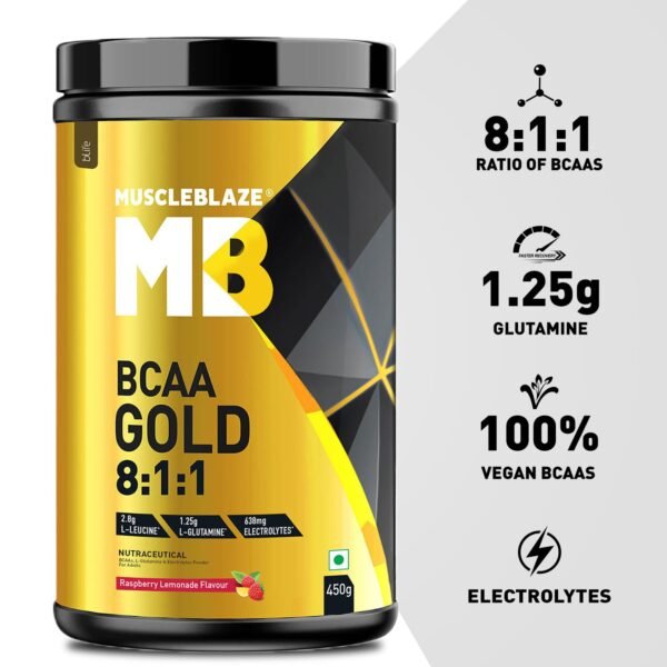 MuscleBlaze Bcaa Gold 8:1:1 Powder(Raspberry Lemonade, 450G, 60 Servings) | With Higher Leucine, Electrolytes & Glutamine - Image 2