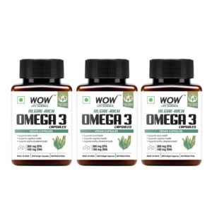 WOW Life Science Vegan Omega 3-60 capsules| Marine Algae Extract with 300mg EPA & 100mg DHA| Supports Muscles & Joints, Heart Health, Brain, Skin & Hair | For Both Men & Women | Pack of 3