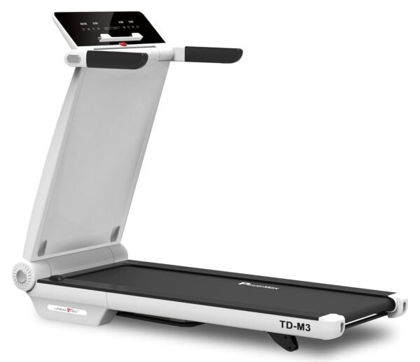 PowerMax Fitness Td-M3 (4Hp Peak) Pre-Installed Motorised Foldable Treadmill For Home Use|Max User Upto 100Kg,3 Lvl Manual Incline Treadmill,Top Speed 16 Km/Hr,Pre-Set Programs,Led Display,Usb,White