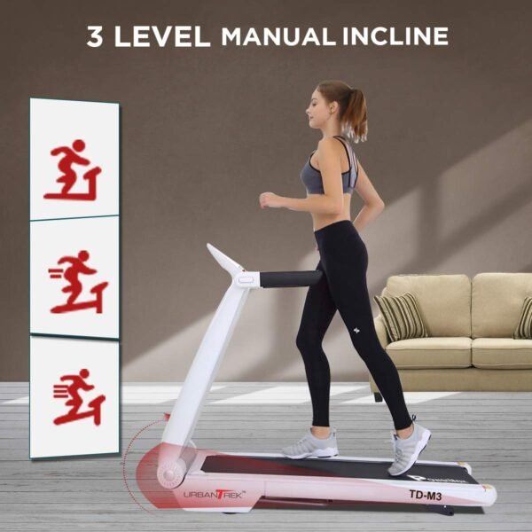 PowerMax Fitness Td-M3 (4Hp Peak) Pre-Installed Motorised Foldable Treadmill For Home Use|Max User Upto 100Kg,3 Lvl Manual Incline Treadmill,Top Speed 16 Km/Hr,Pre-Set Programs,Led Display,Usb,White - Image 3