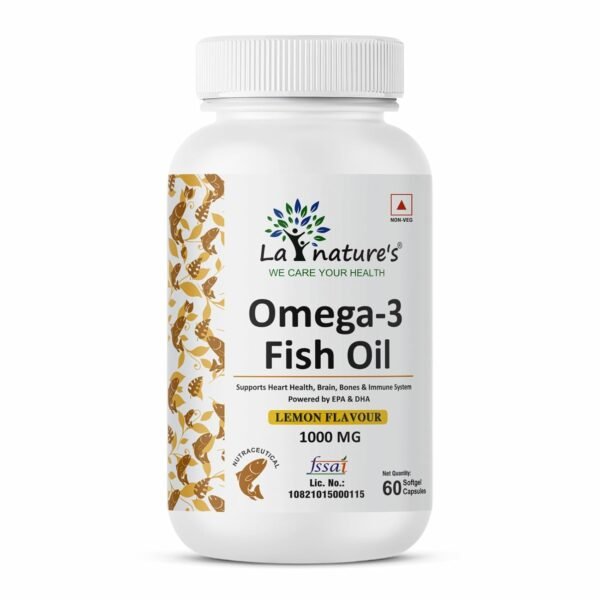 La Nature's Omega 3 Fish Oil Gold- 60 Softgel for Men and Women| Omega 3 with Vitamin D3 and Vitamin E| Supports Heart, Brain, Joint, Immune Health| No Fishy Burps with Lemon Flavour