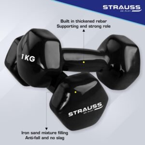 Strauss Premium Vinyl Dumbbells Weight for Men & Women | 1 Kg (Each) | 2 Kg (Pair) | Ideal for Home Workout, Yoga, Pilates, Gym Exercises | Non-Slip, Easy to Hold, Scratch Resistant (Black)