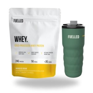 Fuelled Whey Protein Powder Concentrate & Isolate with 24 g Protein, 5 g BCAA (3 kg, 90 Servings) Lab Tested with Premium Metallic Shaker (Mango Ice Cream)