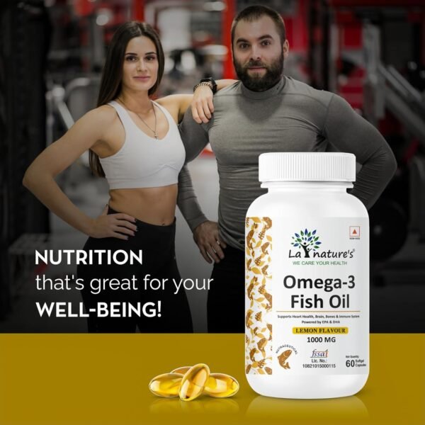 La Nature's Omega 3 Fish Oil Gold- 60 Softgel for Men and Women| Omega 3 with Vitamin D3 and Vitamin E| Supports Heart, Brain, Joint, Immune Health| No Fishy Burps with Lemon Flavour - Image 3