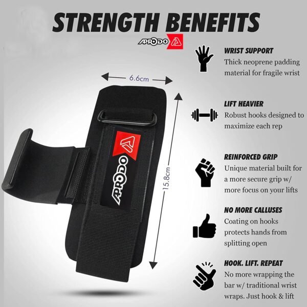 APRODO Weight Lifting Hooks, Hand Grip Wrist Straps for Deadlift, Powerlifting, Pull up bar, Solid Steel, Thick Padded Neoprene, Set of 2 PC, Free Size (Black APRODO) - Image 2