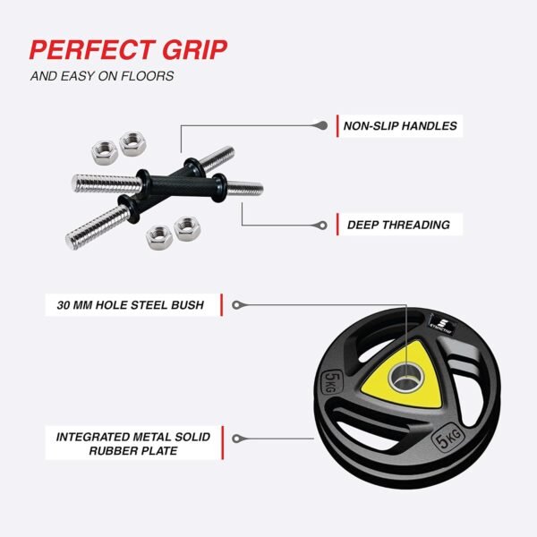 Amazon Brand - Symactive Professional Home Gym Set with Rubber-Coated Metal Plates, Rods, Gloves, Hand Grip & Skipping Rope, 20 kg, Combo 2 - Image 4