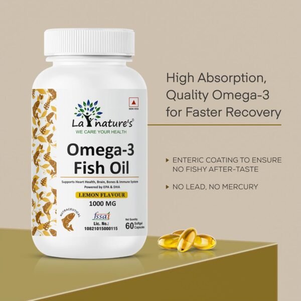 La Nature's Omega 3 Fish Oil Gold- 60 Softgel for Men and Women| Omega 3 with Vitamin D3 and Vitamin E| Supports Heart, Brain, Joint, Immune Health| No Fishy Burps with Lemon Flavour - Image 6
