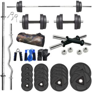 SX FITNESS 30KG Rubber Dumbbell Plate Set (3Kg x 4Plates, 2.5Kg x 4Plates, 2Kg x 4Plates) with 3ft Curl & 5ft Straight Rod (23mm), Rubber Weight Plates Combo, Pair of Steel Dumbbell Rod & Accessories