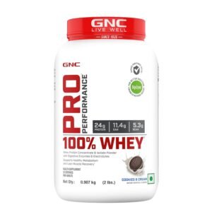 GNC Pro Performance 100% Whey Protein Powder | Boosts Strength & Endurance | Builds Lean Muscles | Fastens Muscle Recovery | Formulated In USA | 24g Protein | 5.5g BCAA | Cookie & Cream | 2 lbs