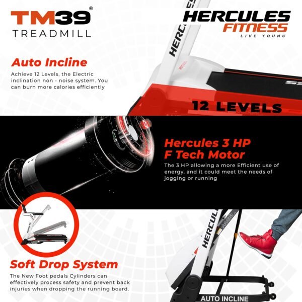 Hercules fitness Motorized Treadmill with Auto Incline with user weight 120 Kg support with extra wide running area for Cardio workout Home Gym Cardio - Image 3