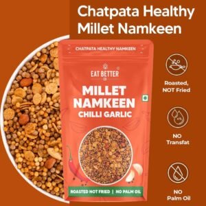 EAT BETTER CO – Chatpata Chilli Garlic Millet Mixture – Crunchy Healthy Namkeen Snack – Ragi, Jowar, Rice Crispies Roasted With Peanuts & Channa – Diet Low Gi Weight Loss, 4 Count