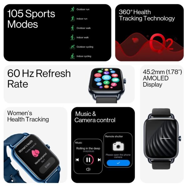OnePlus Nord Watch with 1.78 AMOLED Display, 60 Hz Refresh Rate, 105 Fitness Modes, 10 Days Battery, SPO2, Heart Rate, Stress Monitor, Women Health Tracker & Multiple Watch Faces [Deep Blue] - Image 5