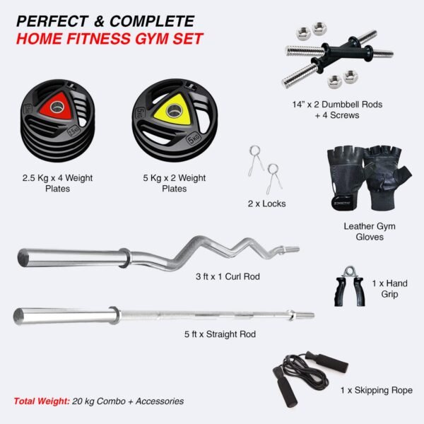 Amazon Brand - Symactive Professional Home Gym Set with Rubber-Coated Metal Plates, Rods, Gloves, Hand Grip & Skipping Rope, 20 kg, Combo 2 - Image 2