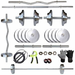 Leeway Steel Home Gym Set 100kg with 3Ft Curl (28mm), 5Ft Straight (28mm), Dumbbell Rods, Steel Weight Plates, Gym Equipment Workout Fitness Exercise Kit ((2X4+3X4+5X8+10X4) 100kg STEEL HOME GYM COMBO