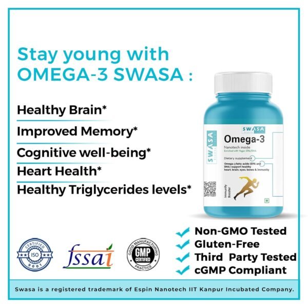 Swasa Vegan Omega 3 Capsules, 500 mg || Healthy Heart|| Brain|| Immunity ((Pack of 1)) - Image 2