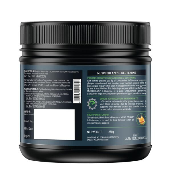 MuscleBlaze L- Glutamine powder, Post Workout Recovery , 5 g Glutamine (Fruit Punch, Pack of 250 g, 41 Servings) - Image 3