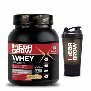 Megagrow Isolate Whey Protein Powder with Shaker Cookies and Cream Flavored-with Sodium & Potassium for Low Carbs & Lean Muscle Energy 113.00kcal|25.32g Protein, 6g BCAA|Pack Of 1 Kg – 32 Servings.