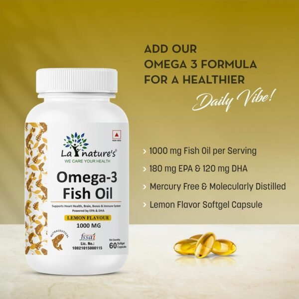 La Nature's Omega 3 Fish Oil Gold- 60 Softgel for Men and Women| Omega 3 with Vitamin D3 and Vitamin E| Supports Heart, Brain, Joint, Immune Health| No Fishy Burps with Lemon Flavour - Image 5