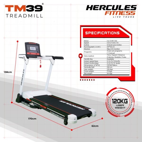 Hercules fitness Motorized Treadmill with Auto Incline with user weight 120 Kg support with extra wide running area for Cardio workout Home Gym Cardio - Image 5