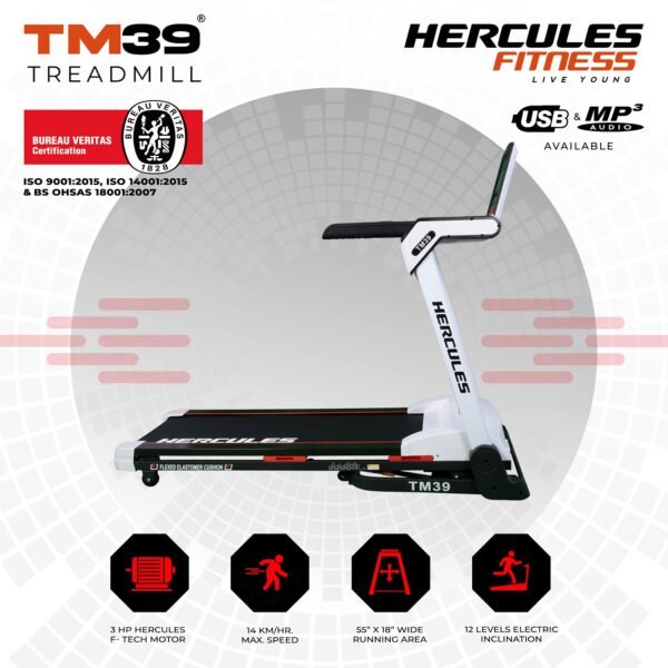 Hercules fitness Motorized Treadmill with Auto Incline with user weight 120 Kg support with extra wide running area for Cardio workout Home Gym Cardio