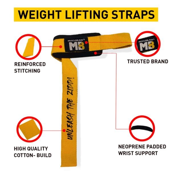 MuscleBlaze Weight Lifting Strap (UNLEASH THE ZIDD!) One Pair (Yellow, Free Size) | Wrist Supporter for Gym - Image 5