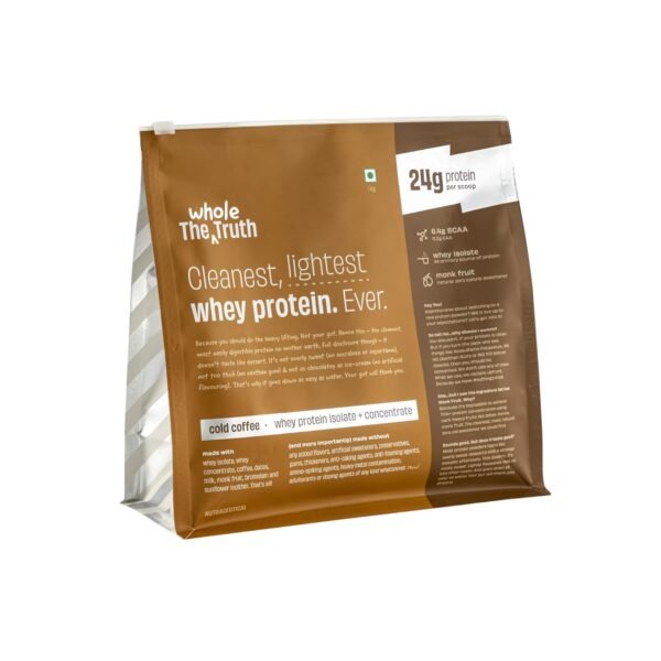 The Whole Truth Whey Protein Isolate+Concentrate | Cold Coffee 1 kg (2.2 lbs) | 24g Protein/Scoop | 6.6g BCAA | 100% Authentic Whey & No Adulteration | Clean, Light & Easy to Digest | Vegetarian