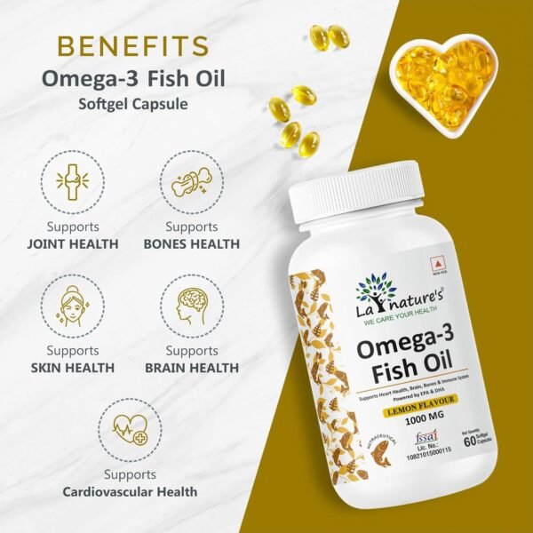 La Nature's Omega 3 Fish Oil Gold- 60 Softgel for Men and Women| Omega 3 with Vitamin D3 and Vitamin E| Supports Heart, Brain, Joint, Immune Health| No Fishy Burps with Lemon Flavour - Image 4