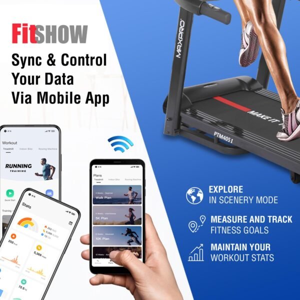 MAXPRO Fusion 4.5 HP Peak DC Motor, 15 Level Auto Incline Treadmill for Home Gym,Free Diet Plan,Max.Speed 14km/hr,Max. User Weight 110kgs,Fit Show App Support, LCD Display for Home use (PTM405I) - Image 5