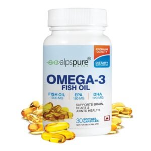 Alpspure Nutra Omega 3 Fish Oil 1000 Mg Fatty Acid Capsules | 180Mg EPA & 120Mg DHA | Supports Healthy Heart, Joints, Skin, Brain & Eyes | For Men & Women | 30 Softgels | Omega3 fatty acids