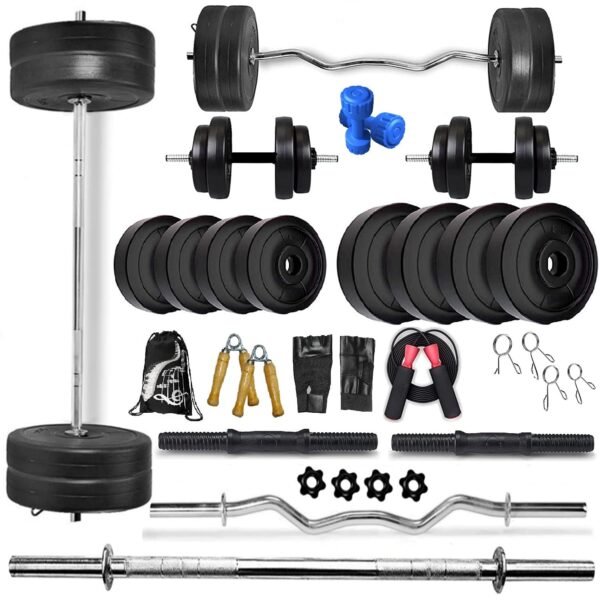 Bodyfit Home Gym Combo, Home Gym Set, Gym Equipment, Weight Plates (8Kg-100Kg) Combo with 5Ft Straight,3Ft Curl Bar, 2 Dumbbell Rods,with Accessories (10KG Combo KIT)