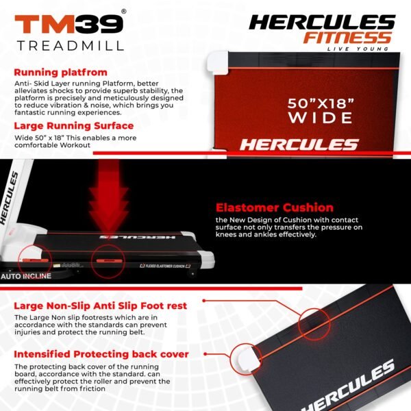 Hercules fitness Motorized Treadmill with Auto Incline with user weight 120 Kg support with extra wide running area for Cardio workout Home Gym Cardio - Image 4