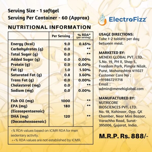 ElectroFizz Omega 3 Fish Oil Capsules For Men And Women 1000 Mg (180 Mg EPA And 120 Mg DHA) with other Omega 3 Fatty Acids for Health Heart, Brain and Joint Support Supplements - 60 Softgels - Image 6