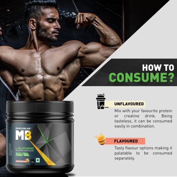 MuscleBlaze L- Glutamine powder, Post Workout Recovery , 5 g Glutamine (Fruit Punch, Pack of 250 g, 41 Servings) - Image 8