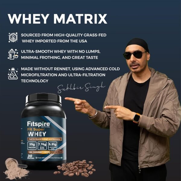 Fitspire Fit Super Whey Protein | 100g Serving | 35g Protein | 7.76g BCAA | 0 Added Sugar | 100% Authentic Whey & No Adulteration | Muscle Growth & Recovery | DigeZyme For Easy Digestion (Gourmet Coffee, Pack of 2 | 1 kg / 2.2 lb) - Image 3