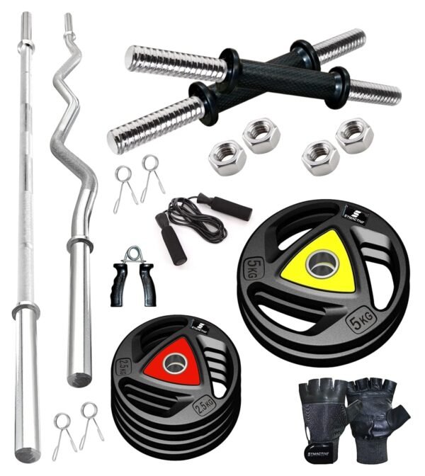 Amazon Brand - Symactive Professional Home Gym Set with Rubber-Coated Metal Plates, Rods, Gloves, Hand Grip & Skipping Rope, 20 kg, Combo 2