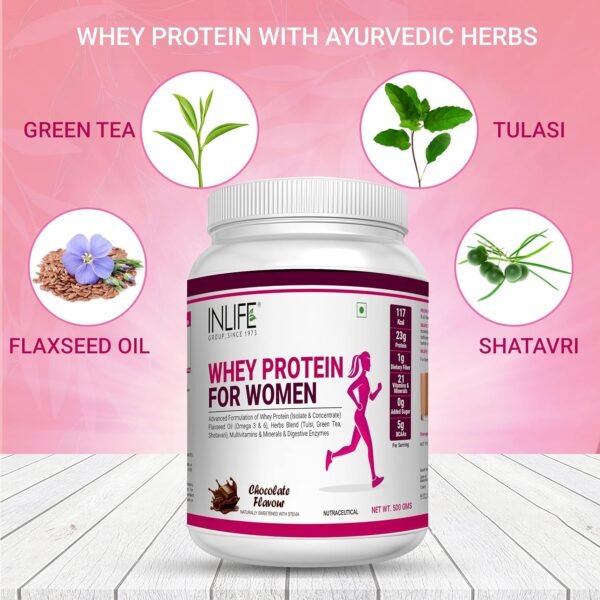 INLIFE Whey Protein Powder for Women | Ayurvedic Herbs, 23g Protein, 21 Vitamins Minerals, Omega 3 6, Digestive Enzymes, Hair Skin Nails (500g, Chocolate) - Image 3