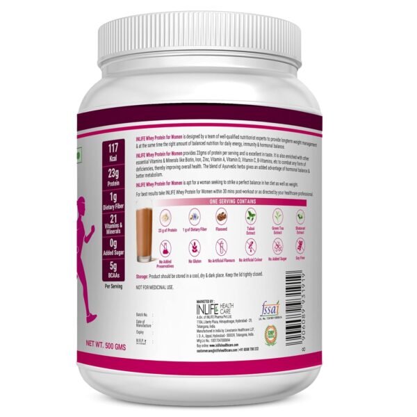 INLIFE Whey Protein Powder for Women | Ayurvedic Herbs, 23g Protein, 21 Vitamins Minerals, Omega 3 6, Digestive Enzymes, Hair Skin Nails (500g, Chocolate) - Image 6